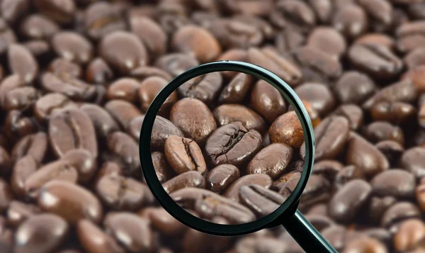 magnifying glass with background of roasted coffee beans to be ice coffee cup on store blurred background, food and drink with business concept