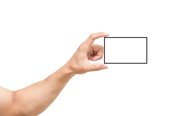 Mężczyzna ręce połowu nazwę karty na białym tle — Zdjęcie stockowe
