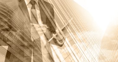 Cam bina cityscape ile işadamı çift pozlama