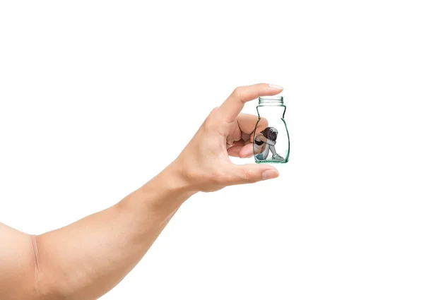 Man hand catching the Sad woman sitting alone in a jar on white background — Stock Photo, Image