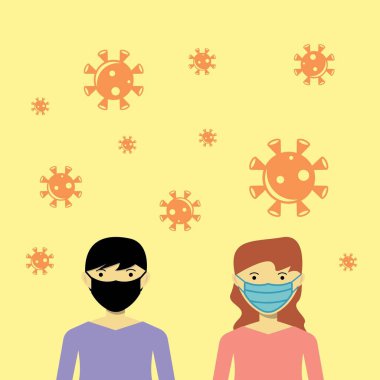 Erkekler ve kadınlar Corona virüsü illüstrasyonundan korunmak için maske kullanıyorlar.