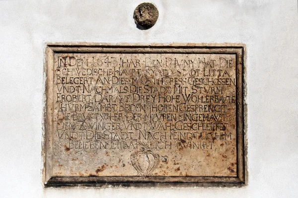 A commemorative plaque as a reminder of conquest Litovel by the Swedes in 1643 — Stock Photo, Image
