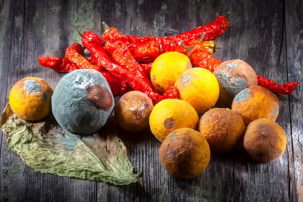 Bodegón Foto Fruta Naranja Descomposición Moldeada Pimientos Rojos Sobre Fondo —  Fotos de Stock