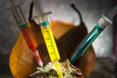 Çürük armutlara iğne yapmak. Makro Fotoğrafı kapat. Sarı Enjeksiyona Seçici Odaklanma. Gümüş Bokeh Arkaplanlı..