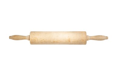 Tahta Hamur Pateni, beyaz arka planda izole edildi. Fırın için Rolling Pin. Eski Model Hala Kullanımda.