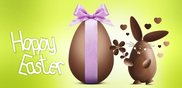Texto feliz Páscoa com ovo de chocolate e coelho isolado no fundo verde — Fotografia de Stock