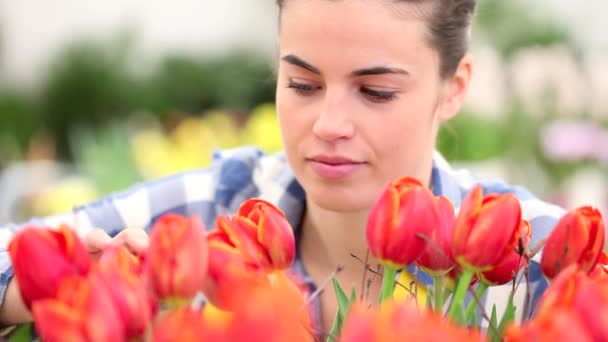 春天，微笑与郁金香花园里的女人 — 图库视频影像