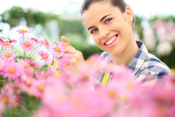 Primavera, mulher sorridente no jardim de flores margaridas — Fotografia de Stock