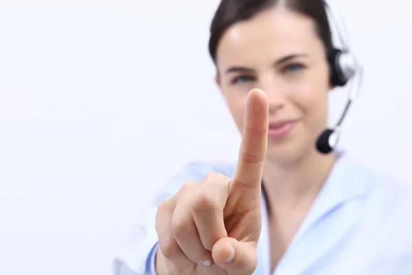 Contact us, customer service operator woman with headset — Stock Photo, Image