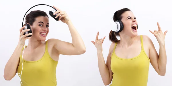 Mujer divertida escuchando música en auriculares y gritar —  Fotos de Stock