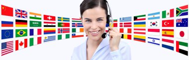 contact us, customer service operator woman with headset smiling clipart