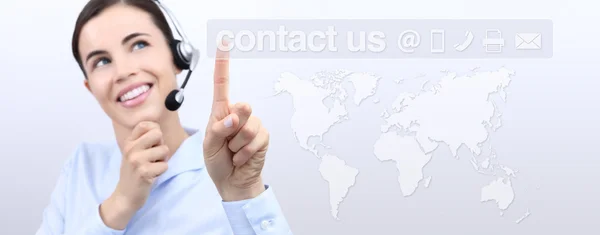 Customer service operator woman with headset smiling, world map — Stock Photo, Image