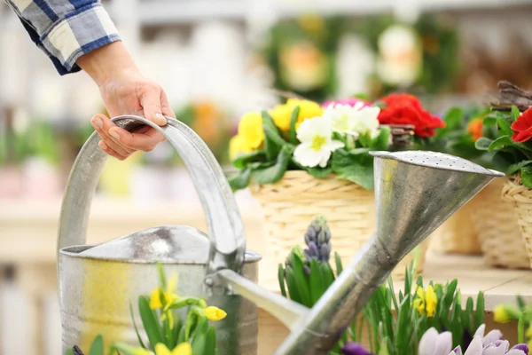 Hand takes the watering can with flowers in the background — Stock Photo, Image