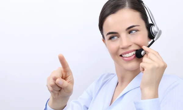 Entre em contato conosco, mulher operador de atendimento ao cliente com fone de ouvido, toque — Fotografia de Stock