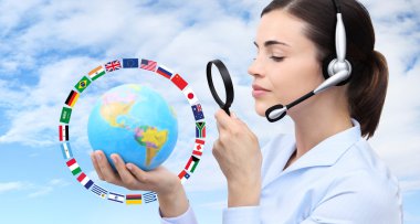 concept search, woman with headset, globe, flags and magnifying glass clipart