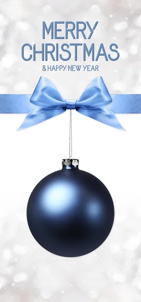 Merry christmas and happy new year text with blue ball and ribbon — Stock Photo, Image