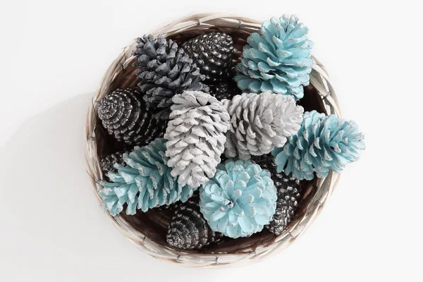 Christmas Decorations Top View Group Large Colored Pine Cones Wicker — Stock Photo, Image