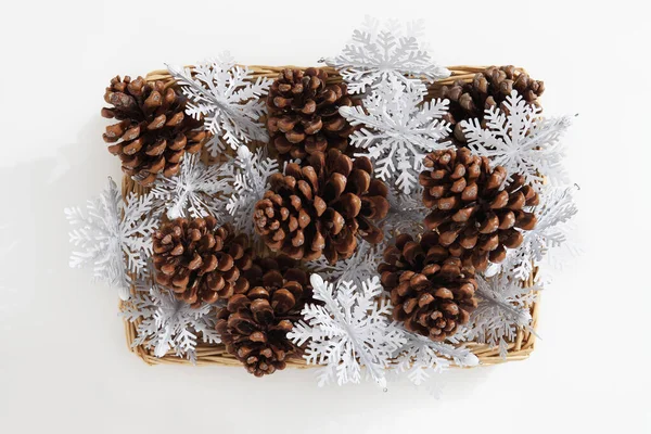 Christmas Decorations Top View Group Large Pine Cones Snow Flake — Stock Photo, Image