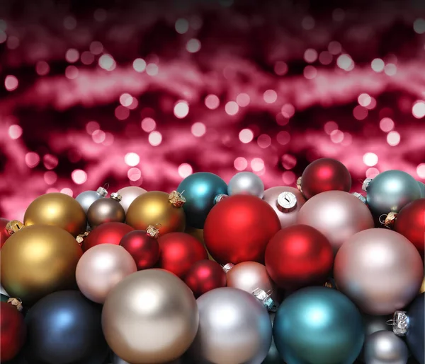 Christmas Decorations Pile Glass Colored Balls Isolated Blurred Red Bright — Stock Photo, Image