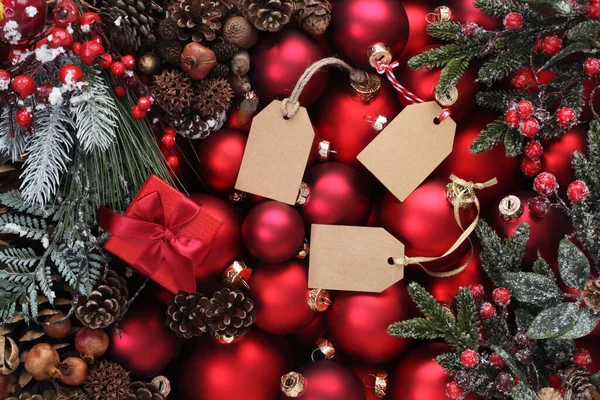 Joyeux Fond Noël Vue Dessus Composition Avec Des Boules Rouges — Photo