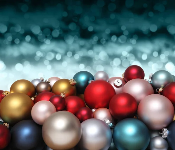 Christmas Decorations Pile Glass Colored Balls Isolated Blurred Blue Bright — Stock Photo, Image