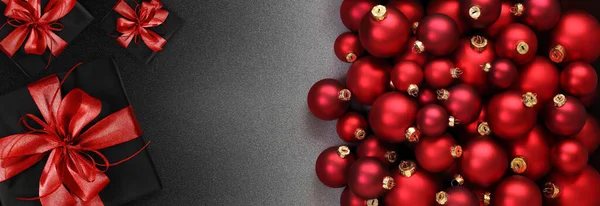 Boldog Karácsonyt Felső Nézet Csomagolt Ajándék Csomagok Piros Labdák Elszigetelt — Stock Fotó
