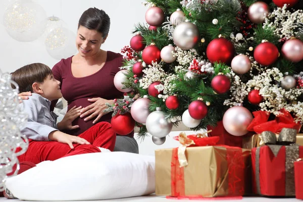 Merry Christmas Happy Pregnant Woman Her Child Touch Belly Illuminated — Stock Photo, Image