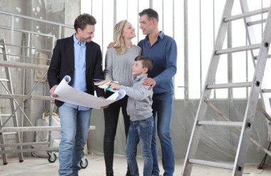 Mimar, çocuklu bir aileye ev tasarımı planlarını gösteriyor. Ev görünümü, iç dekorasyon, ev düzeni ve duvar renkleri hakkında konuşmak için iç inşaat sahasında toplantı.