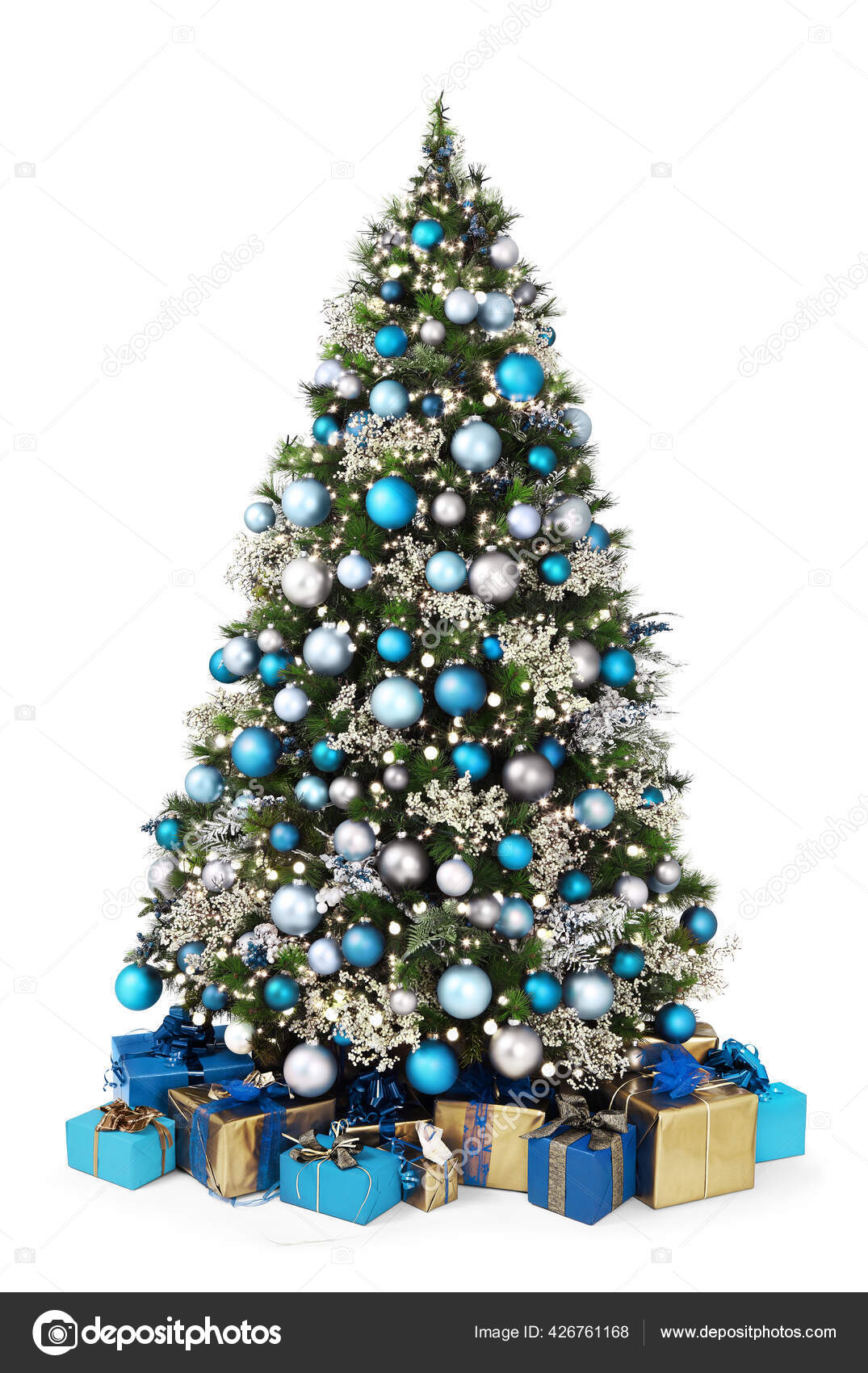 Árbol Navidad Decorado Lleno Bolas Azules Plateadas Decoraciones Muchos  Paquetes — Foto de stock #426761168 © amedeoemaja, image size:1075x1700