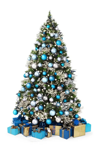 Árvore Natal Decorada Cheia Bolas Azuis Prateadas Decorações Muitos Pacotes — Fotografia de Stock