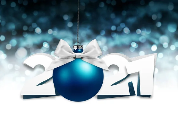 2021 Number Text Blue Christmas Ball Silver Ribbon Bow Isolated — Stock Photo, Image