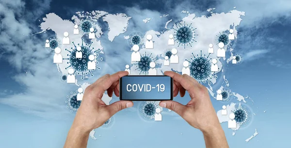 Contact Tracing Covid Corona Virus Tracking App Concept Hand Holding — Stock Fotó