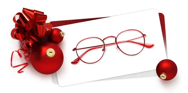 Eyeglasses Gift Card Red Spectacles Red Christmas Balls Ribbon Bow — Stockfoto
