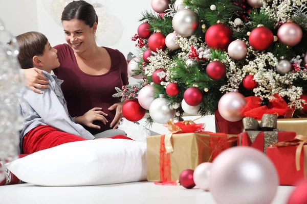 Merry Christmas Happy Pregnant Woman Her Child Touch Belly Illuminated — Stock Photo, Image