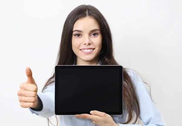 Portrait Brunette Young Smiling Woman Holding Tablet Blank Screen Showing — Stock Photo, Image