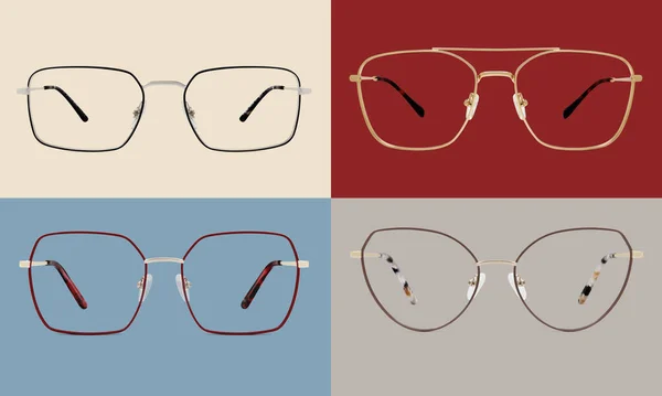 Collage Lunettes Métalliques Dorées Argentées Isolé Sur Fond Rouge Bleu — Photo