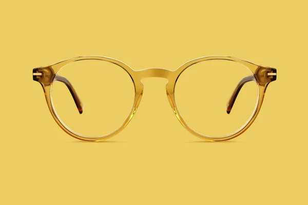 Béžové Zlaté Plastové Oční Brýle Izolované Žlutém Pozadí Ideální Foto — Stock fotografie