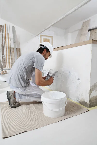 Man Plasterer Construction Worker Work Takes Plaster Bucket Puts Trowel — Stock Photo, Image