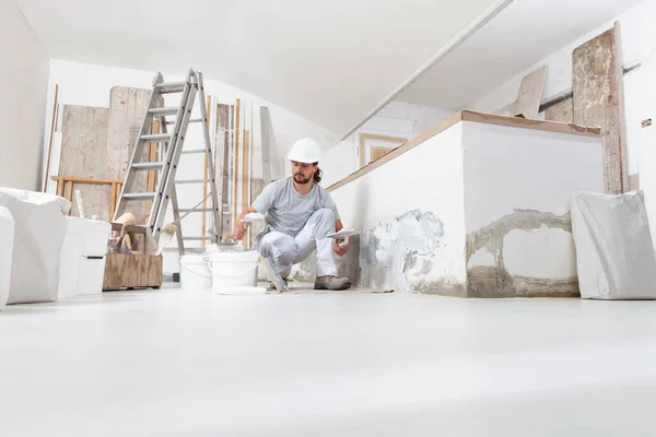 Plasterer Man Work Take Mortar Bucket Trowel Plastering Wall Interior — Stock Photo, Image