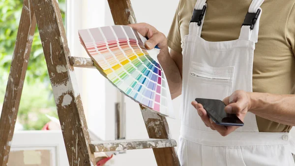 Hands House Painter Man Decorator Choose Color Using Sample Swatch — Stock Photo, Image