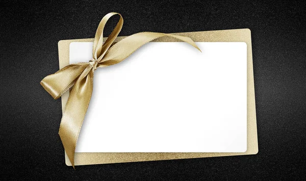 White Gift Card Golden Ribbon Bow Isolated Black Background Template — Stock Photo, Image