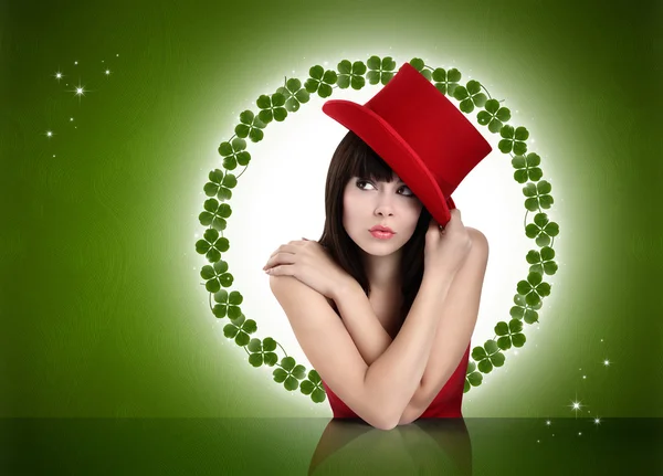 Christmas girl, looking up, concept of surprise and luck — Stock Photo, Image