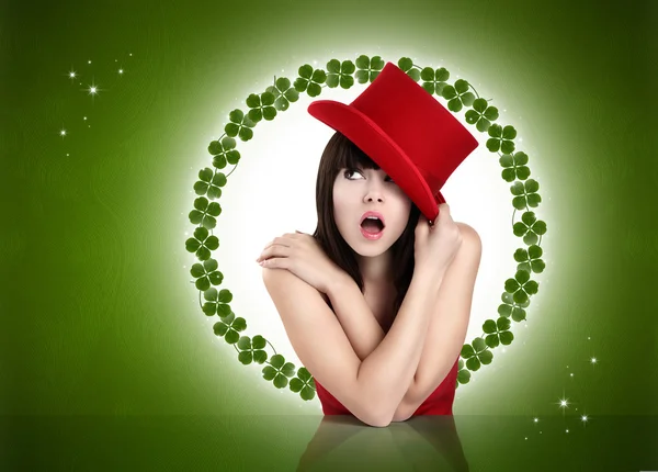 Christmas girl, looking up, concept of surprise and luck — Stock Photo, Image