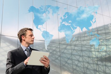 business man with tablet world map clouding computing global com clipart