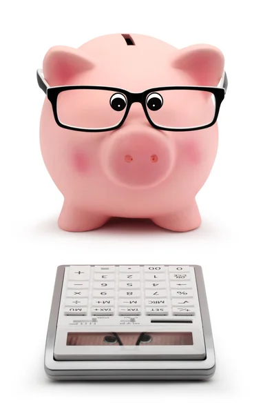 Piggy bank with glasses and calculator accounting concept — Stock Photo, Image