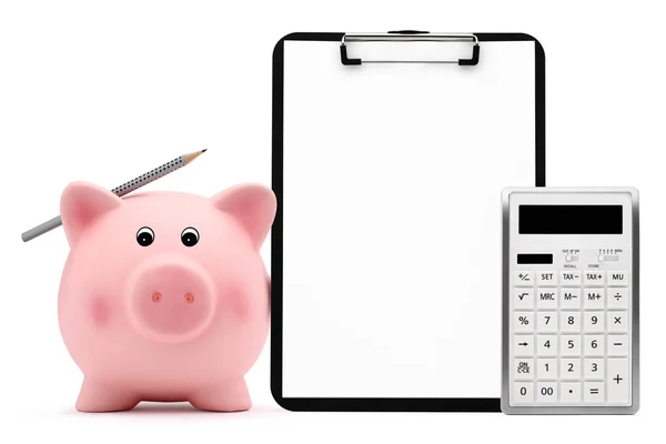 Hucha con calculadora lápiz portapapeles concepto de contabilidad —  Fotos de Stock