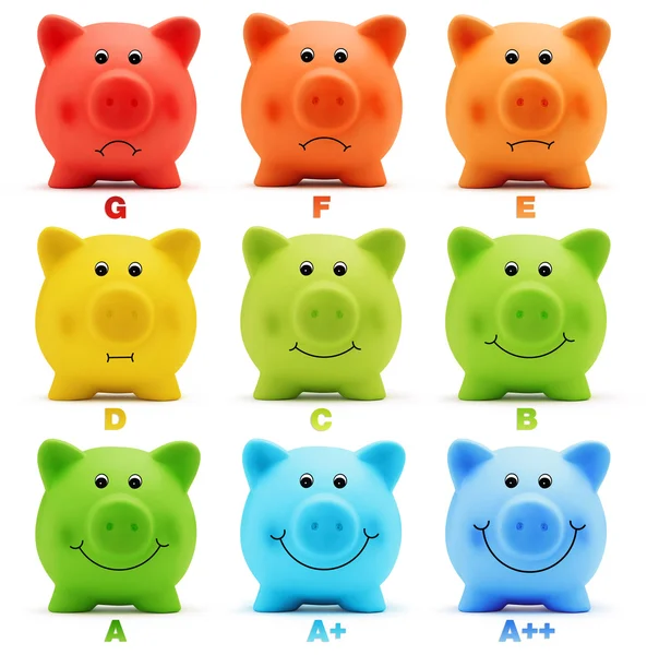 Skala Klasa efektywności energetycznej oszczędności kolorowy piggy Bank — Zdjęcie stockowe