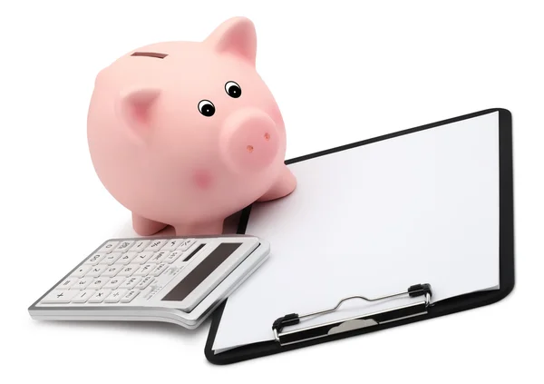 Piggy bank met Rekenmachine en Klembord concept van het opslaan van berekening — Stockfoto