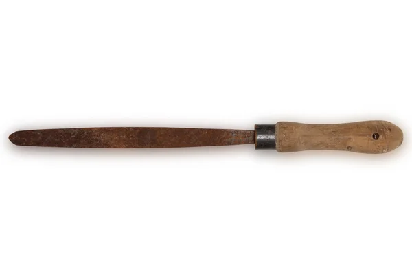 Ferramenta velha rasp arquivo com cabo de madeira isolado fundo branco — Fotografia de Stock