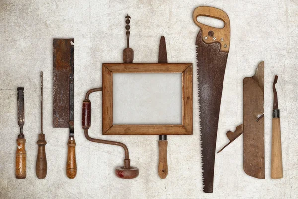 Collage work wood tools carpenter and picture frame — Stock Photo, Image